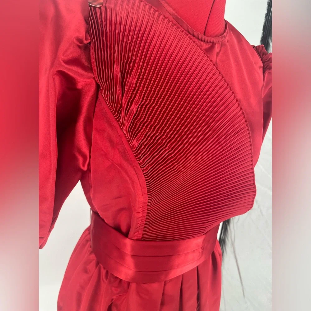 Rare 1980s Ruby Red Donna Morgan Satin Puff Sleeve Cocktail Dress - Picture 6 of 16